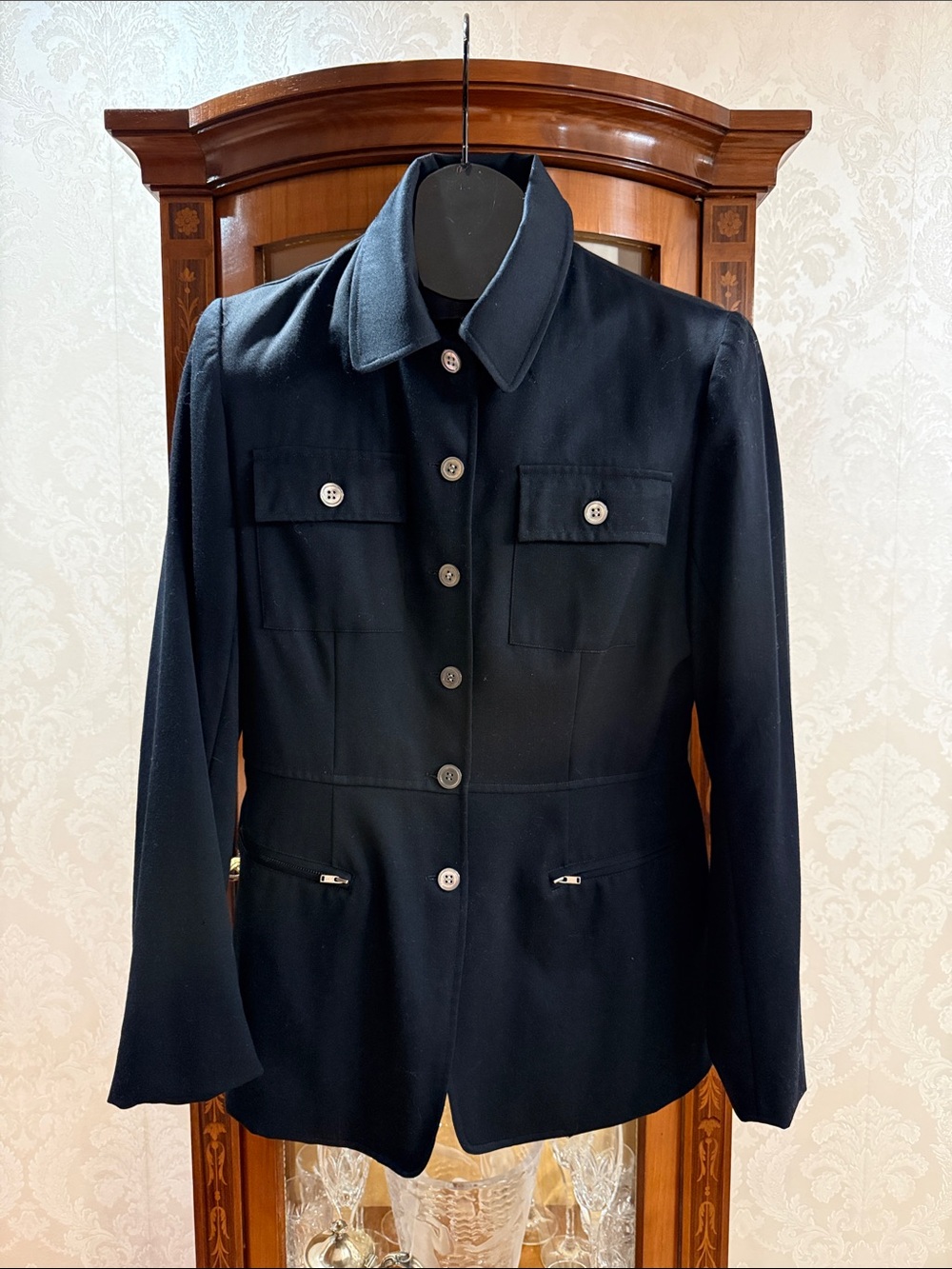 Black Button-Up blazer  with Red Lining made in Italy Parisian designer vintage